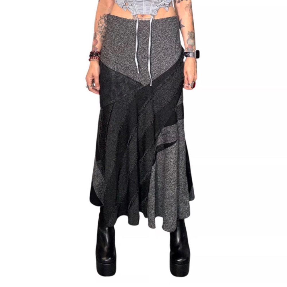 Coldwater Creek Patchwork black & grey midi skirt whimsigoth steampunk size PXL